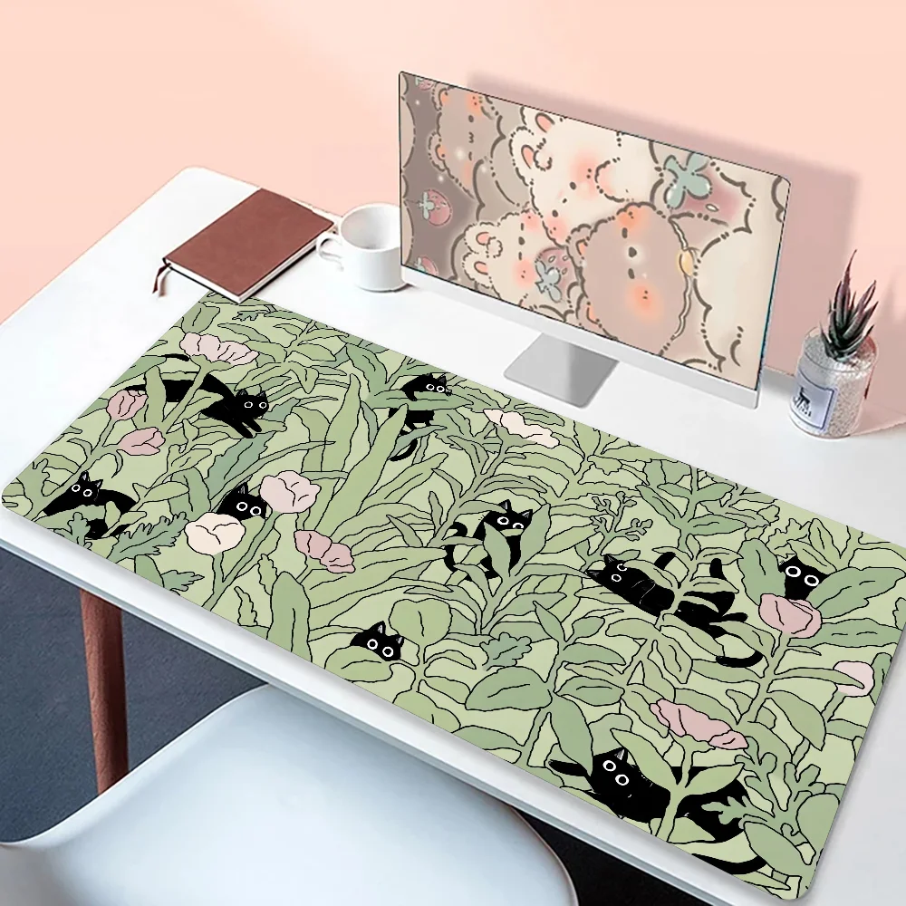 Imagem -02 - Gato Preto Mousepad Verde Tapete de Mesa Natureza Mouse Pad Gatos Bonitos Notebook Teclado Tamanho Xxl Antiderrapante Portátil Kawaii Mesa Escritório