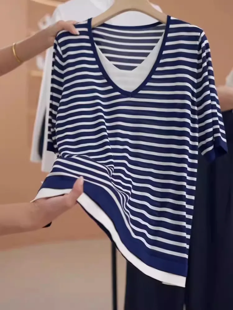 Sciolto Casual Sle Color Blo ort Sve Classico Top a righe Base in seta di ghiaccio da donna irt Estate Versione coreana Poesia Art