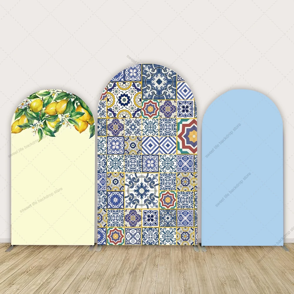 

Лимонный двусторонний фон с крышкой арки, синий и белый фарфор, средиземноморский фон для фотосъемки