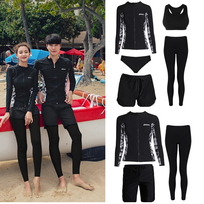 wisuwore Long Sleeve Rash Guard Couples Women Print High Neck Swimsuit Swimwear Bathing Suits Surfing Long Pant