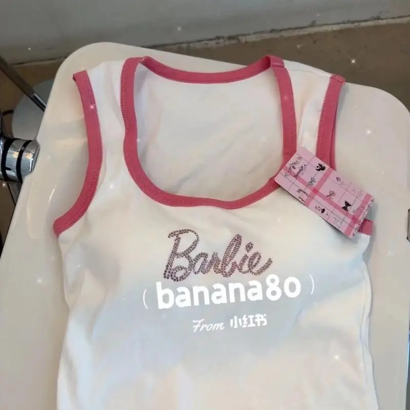 Barbie New Women's Short Vest Suspender Letter Printed Cotton Outer Wear Fashion Casual Summer Home Clothing Holiday Gift