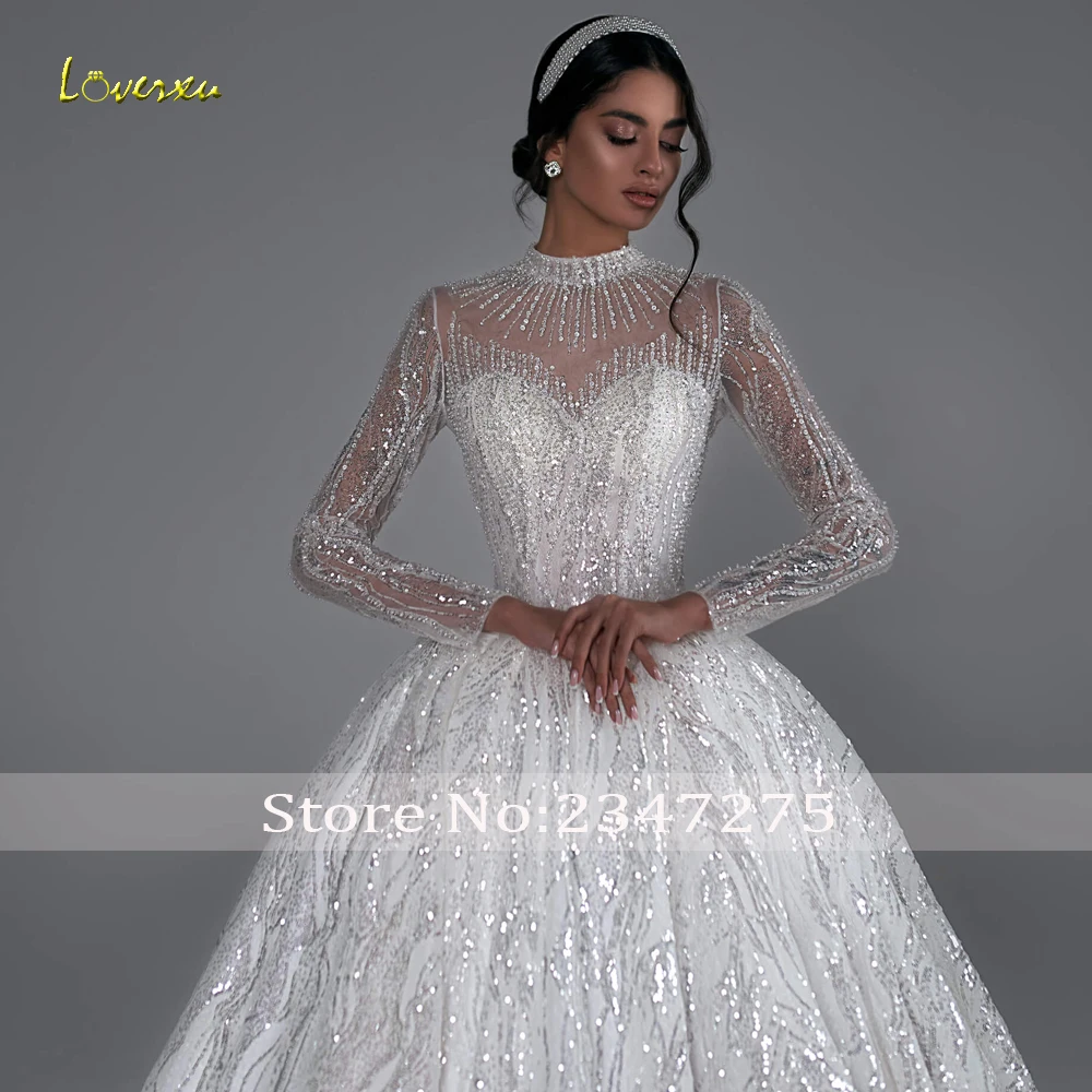 Loverxu Ball Gown Vintage Wedding Dresses 2024 High Neck Long Sleeve Bride Dress Lace Sequined Shiny Court Train Robe De Mariee