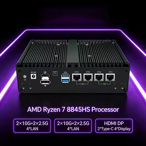 Industrial Mini PC AMD Ryzen 7 8845HS 2&times;10G+2&times;2.5G 4*LAN Desktop Computers for Business Home Office HDMI DP 2*Type-C 4*Display