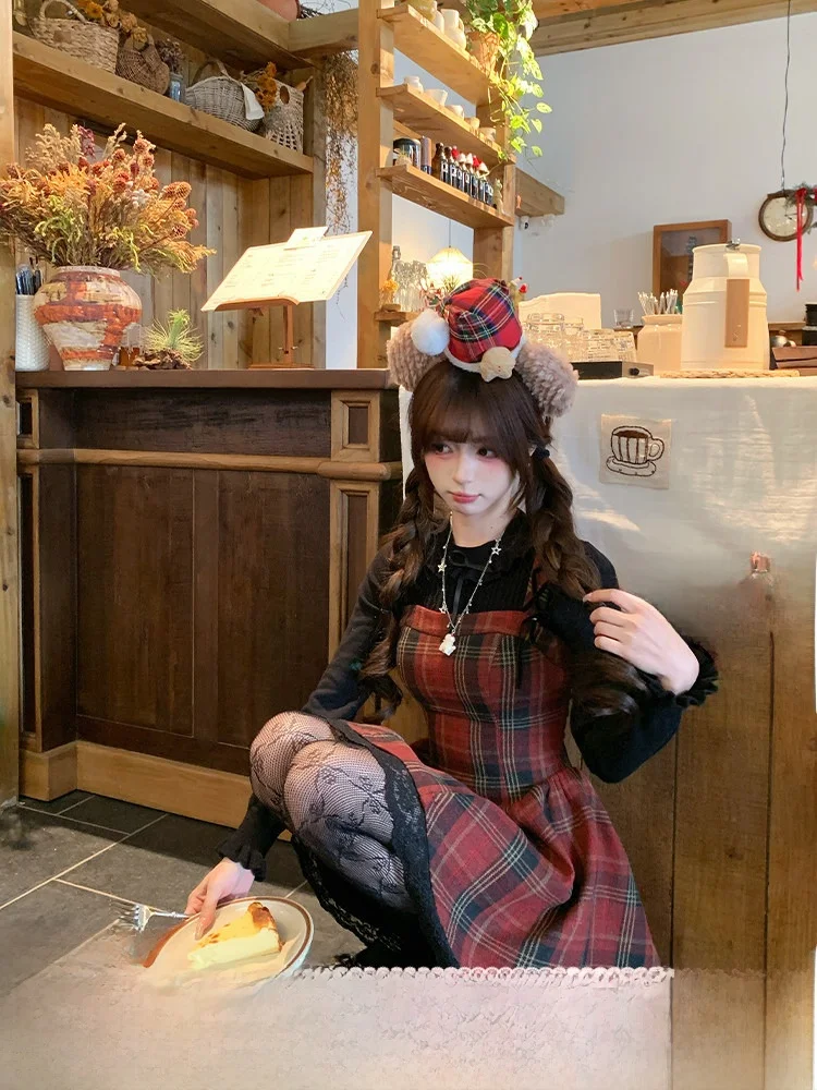 

Red Plaid Dress Women's Autumn Winter Sweet Layering Princess Style Gathered Waist Fabric Pig Strawberries Wine New Year...