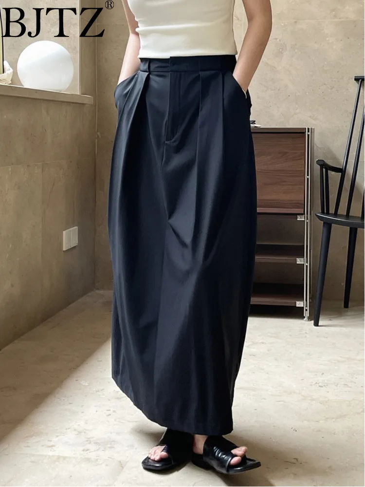 

Летнее простое офисное женское платье BJTZ с изогнутыми карманами, юбка с цветочными бутонами, гладкий и свободный силуэт, тонкое длинное платье для отдыха для женщин