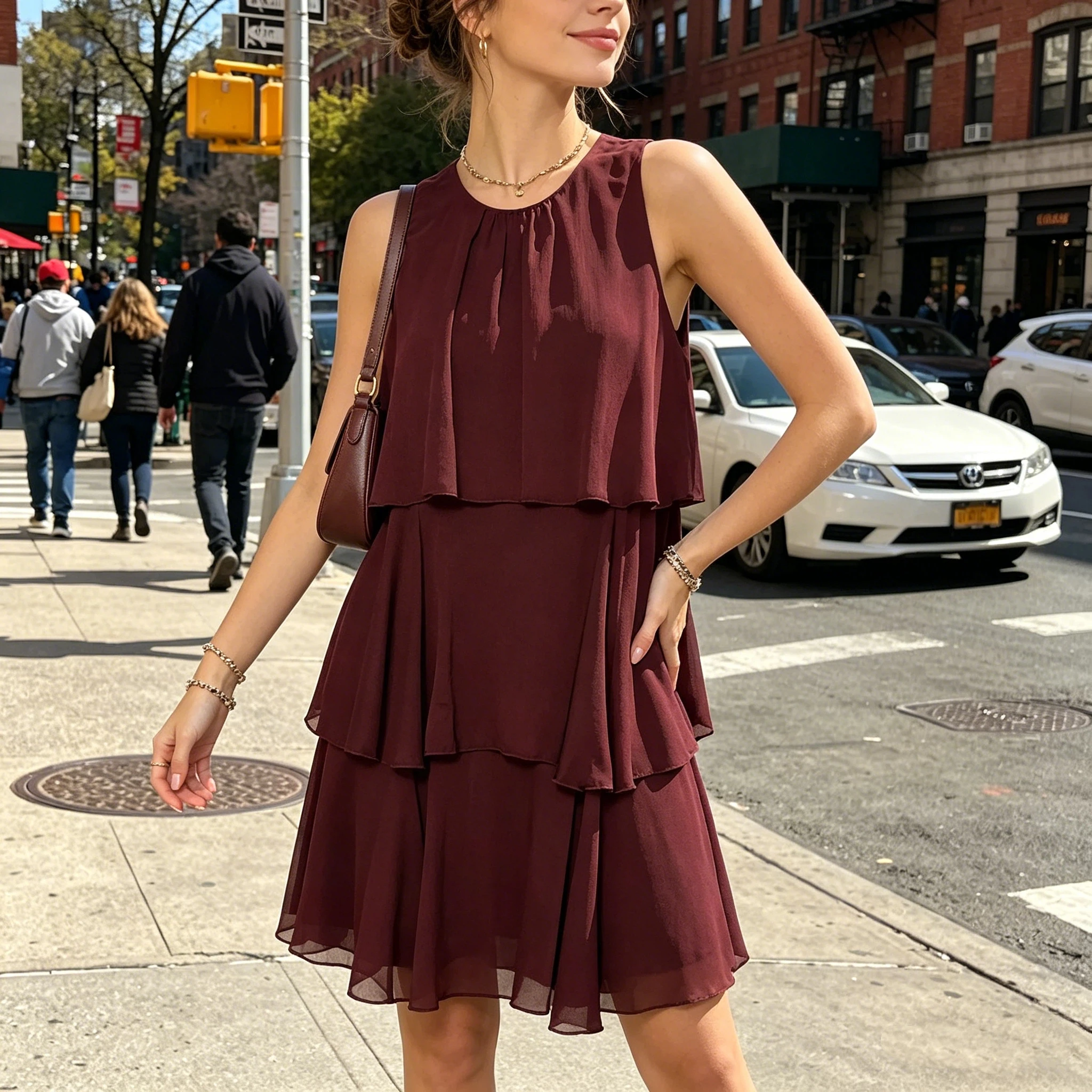 Vestido de Verano para Mujer, Estilo Sencillo, Casual, Corte Recto, Cuello Redondo, Sin Mangas, con Dobladillo con Pliegues y Diseño Drapeado