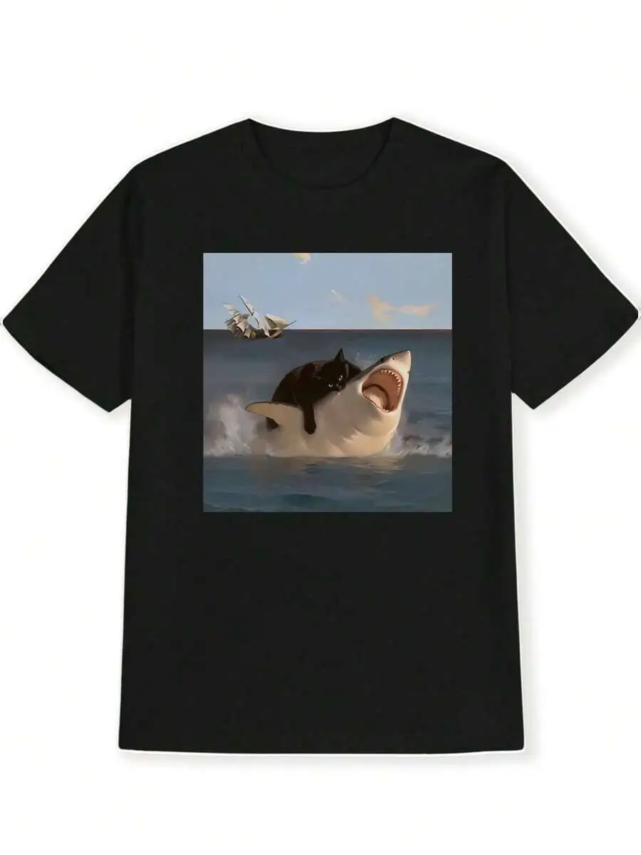 Cat Suppressing Great White Shark Graphic Casual Round Neck T-Shirt, Black Fun Print Pattern Men's Top  100% Cotton Trendy Y2K Short-Sleeve Tee-Soft, Quick-Drying, Moisture-Wicking, Great Gift for Christmas or Halloween.