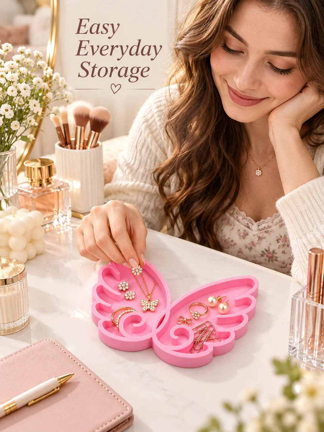 Creative Girly Gift Pink Butterfly Wing Jewelry Tray 3D Printed Petg Angel Wing Storage Dish with Double Compartments, Neat Partitioning and Raised Edges, Ring Earring Hairpin Jewelry Storage Display Stand, Desktop Stationery Paper Clip Storage Box, Dressing Table Decoration Tray, Cute Romantic Style, Compact and Practical, High Aesthetic Value, Gift for Women, Girls, Best Friends, Holiday or Birthday Present