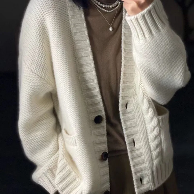 

Women Knitting Cardigan 2025 Autumn Winter Women's Lazy Cardigan Korean Style Chunky Knit Retro Cable Knit Oversized Outerwear