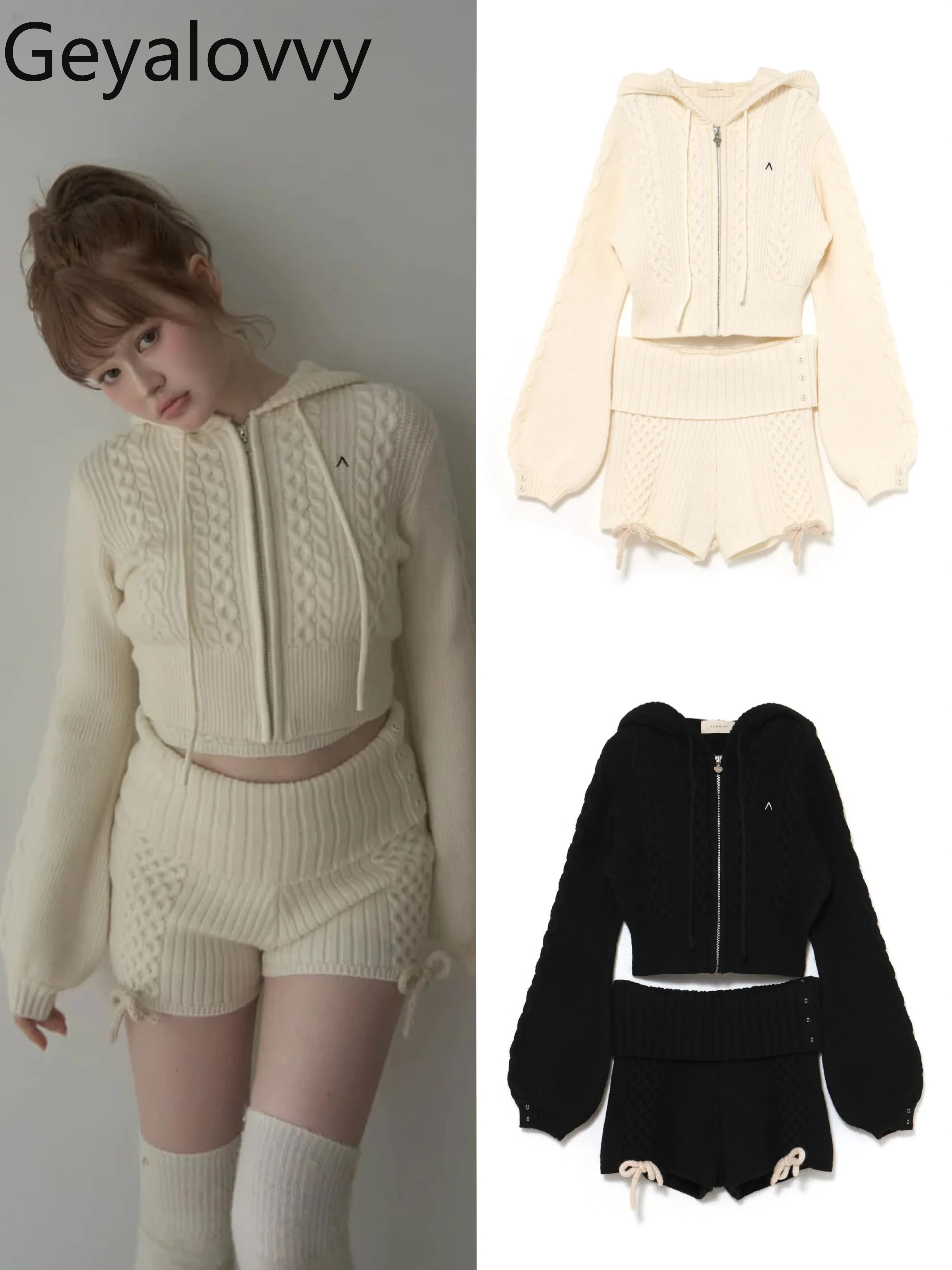 

Hooded Knitted Suit Cardigan Jacket + High Waist Shorts Women Japanese Style Autumn Winter New Arrival Women's 2 Piece Sets