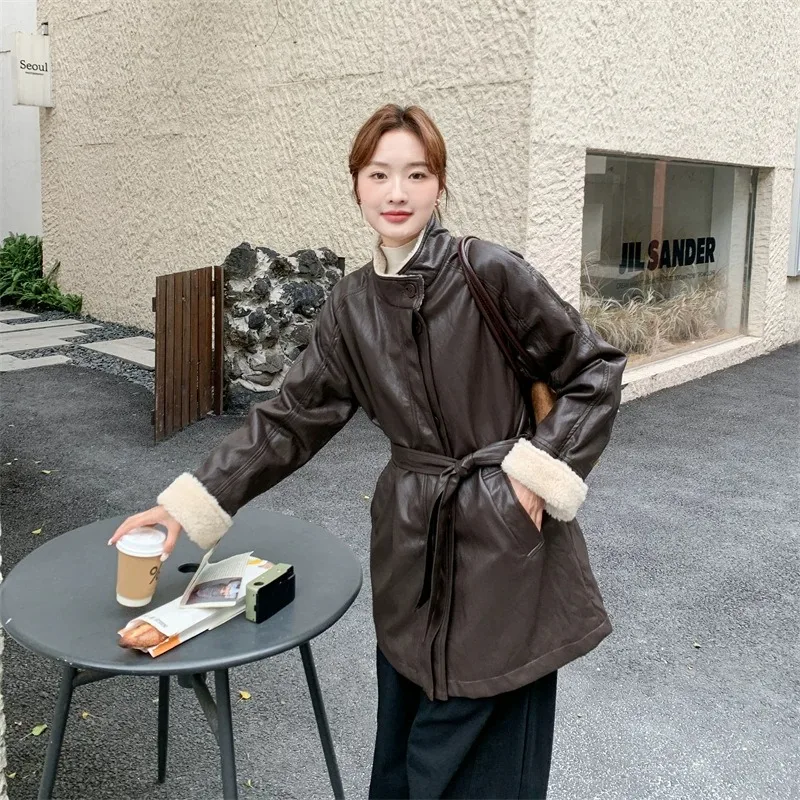 Women Solid Color Mid-Length Stand Collar Faux Leather Jacket Trendy Trench Coat Single Breasted Fleece Lined Belted Outerwear