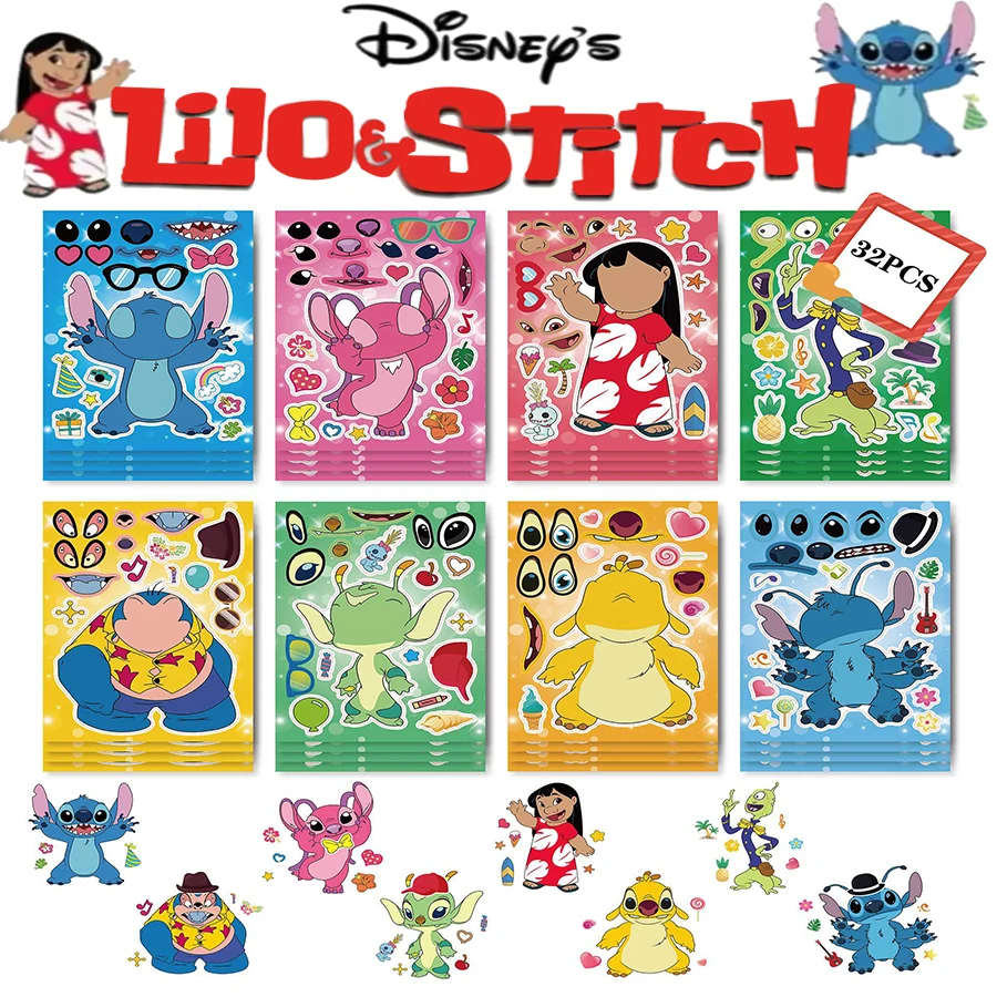 

8-32pcs Lilo Stitch Stickers Party Favors Birthday Gifts DIY Make a Face Puzzle Stickers Classroom Rewards Christmas for Kids