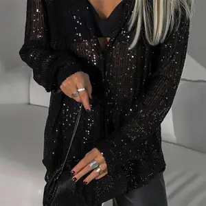 Langes Hemd mit einem weiblichen Flurmkragen, lässigen Glitzer, loses Vintage -Hemd, Silber, Frühling, Sommer, 2024 8 Hauptverkäufe Silber Shirt - №3