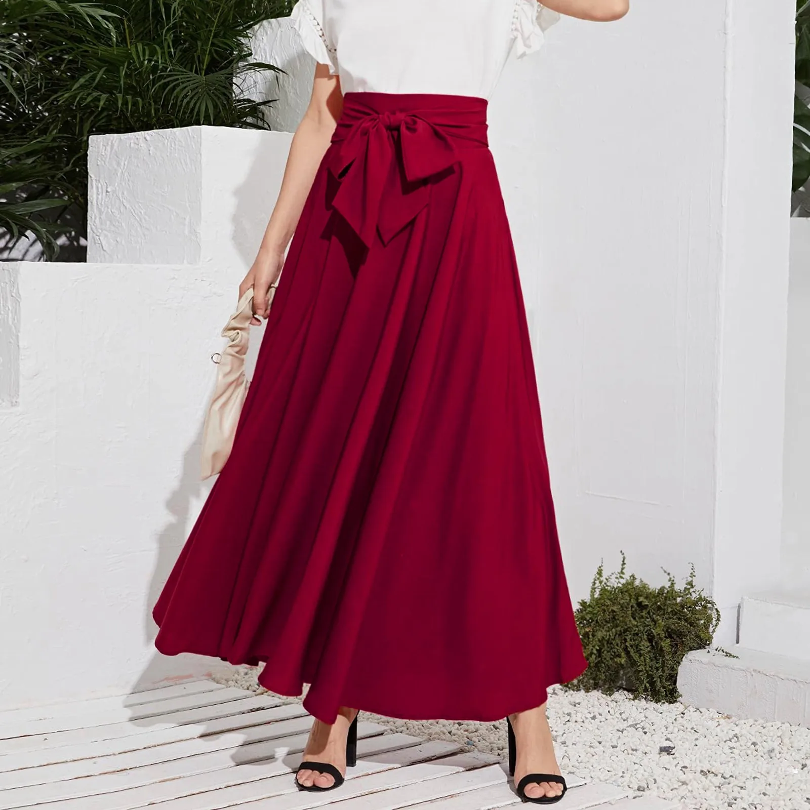 

New Fashion Women's Pleated Maxi Skirts Lady Vintage Elegant Evening Party High Waist A-Line Skirt Plus Size Faldas With Bow