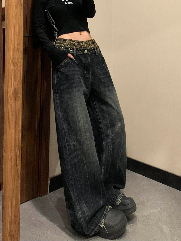 

plus Size American Washed Leopard Print Patchwork Double Waist Nail Head Denim Pants Women's Autumn Winter Loose Straight Leg...