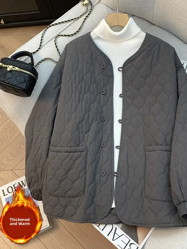 

Retro Gourd Pattern Puffy Cotton Jaet Lightweight Loose Fit Autumn Winter Coat for Older Women Pure Color Cotton Outerwear