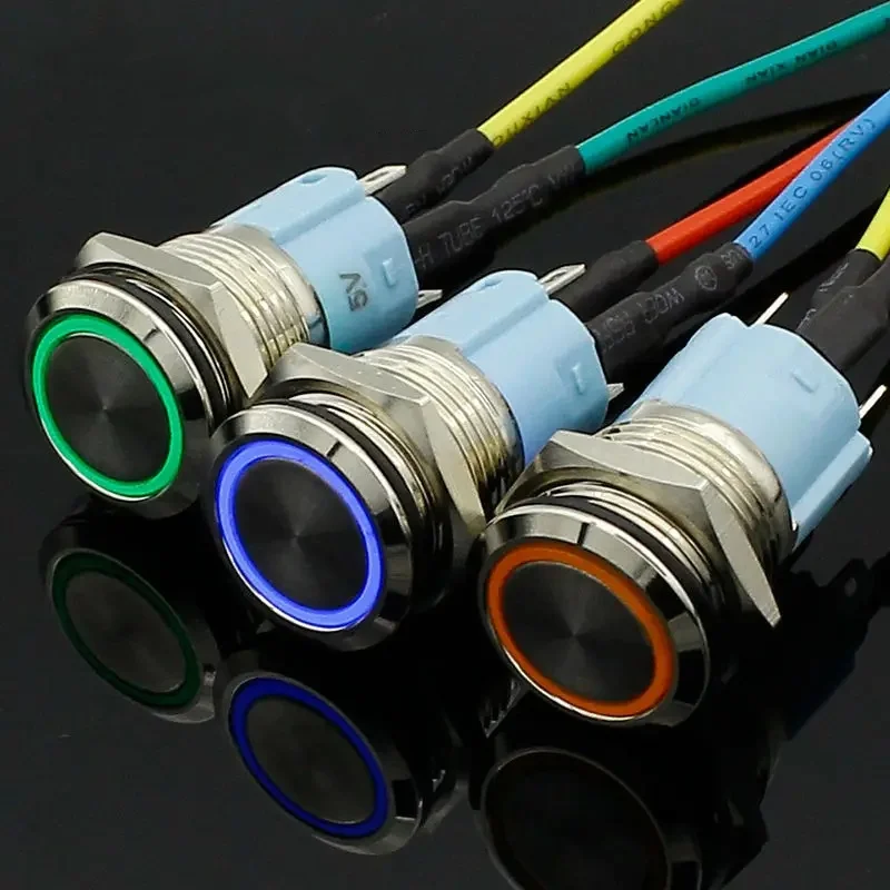 16mm 3V 5V 12V 24V 220V Red Blue Orange Green White Light Hot Car Auto Metal LED Power Push Button Switch Latching Type On-off
