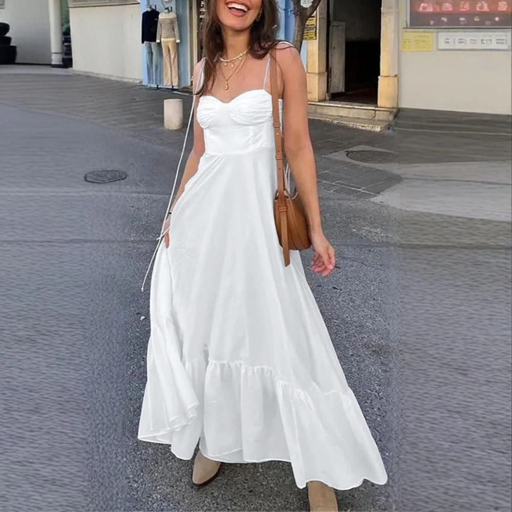 Dresses Spring Summer Fashion Elegant Solid Color Sleeveless Off Shoulder Cami Daily Dresses For Women