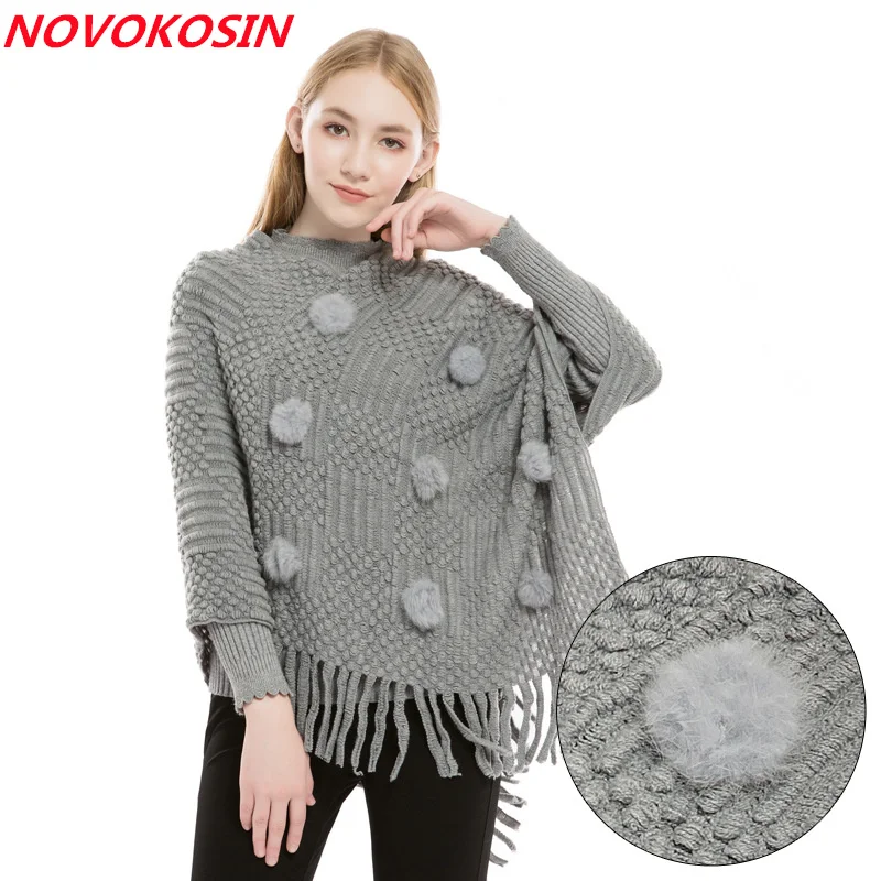 5 Colors Women Loose Poncho Autumn Striped Knitted Long Tassel Shawl Capes Black White Faux Fur Pompon Pullover Out Knitwear