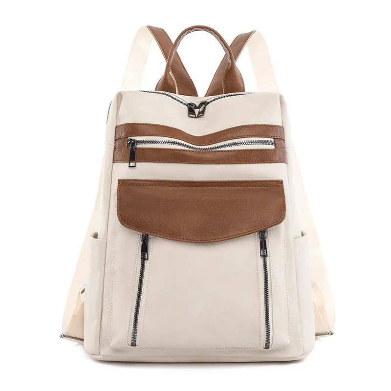 

Retro Style Pu Leather Business Splicing Multi Zipper Large Capacity Portable Backpack Bag for Women