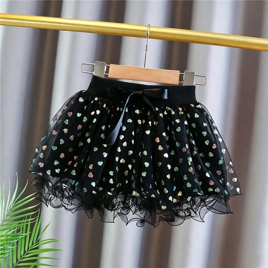 Girls Tutu Skirt 3 Layers Soft Tulle Built-in Lining Glitter Heart Print Bow Princess Party Dance Skirt Height 80‑130cm