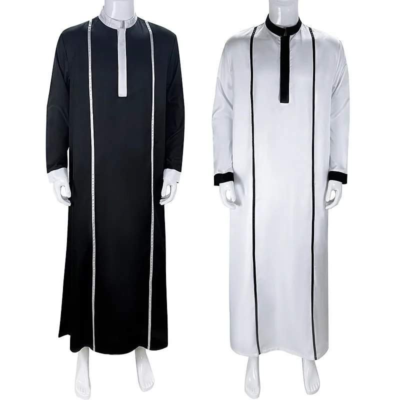 White Arabic Muslim Robe Men's Jubba Thobe Long Sleeve Pakistan Islamic Abaya Kaftan for Men Stand Collar Loose Clothing