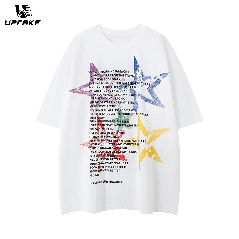 UPRAKF Streetwear Retro Star Pattern T Shirts Fashion Tee O Neck Oversize Summer Cotton High Quality Short Sleeve Casual