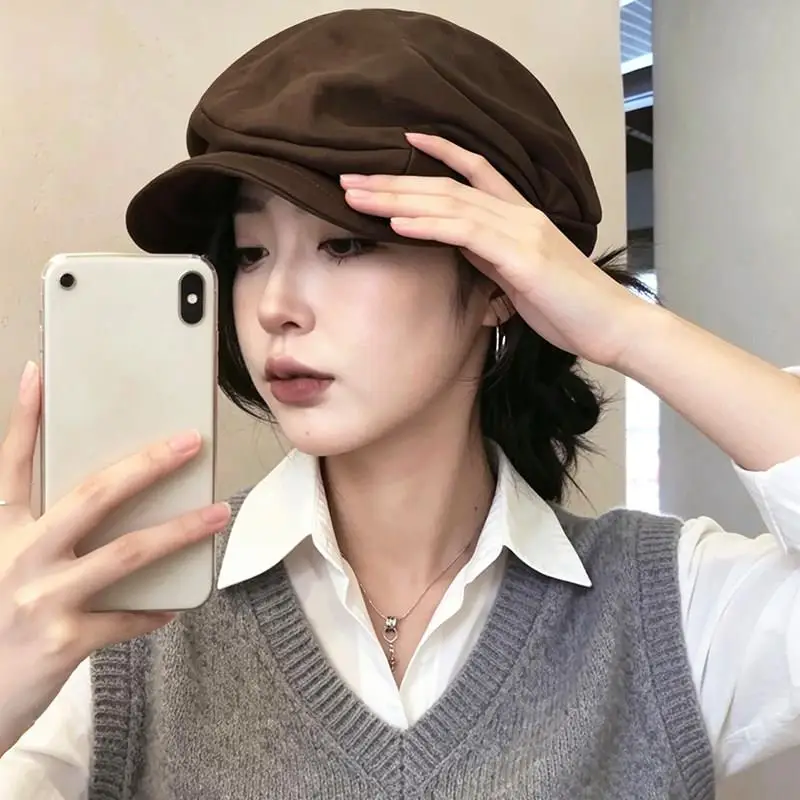 Retro Pleated Beret Hat Women's Style Autumn Coffee Large Head Circumference Art Painter Hat Korean Face Slimming Forward Hat