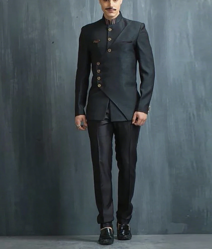 

Men's 2-Piece Suit Set with Asymmetrical Stand Collar and Diagonal Button Detail Wedding Prom Stage Wear with Blazer Pants