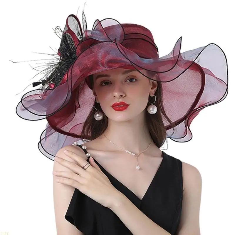 15YC Sommer-Bowlerhut aus Organza, Cloche für Damen und Mädchen, Party, Hochzeit, Foto-Requisiten, Organza-Bowknot-Hut mit – Detail 4