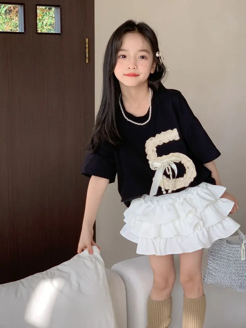 

New Baby Girls Summer Fashion Teenage Sets, Black T-shirt + White Cake Skirts Princess Causal Suits 3-10T