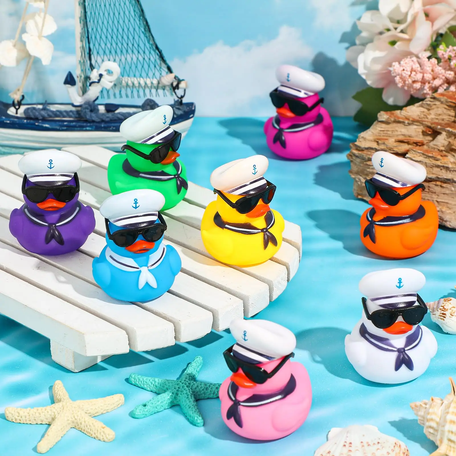 48PCS Cruise Duck Bulk with Sunglasses Sets,Mini Sailing Rubber Ducks Summer Cruise Ship Toy Squeaky Duck Bath Part