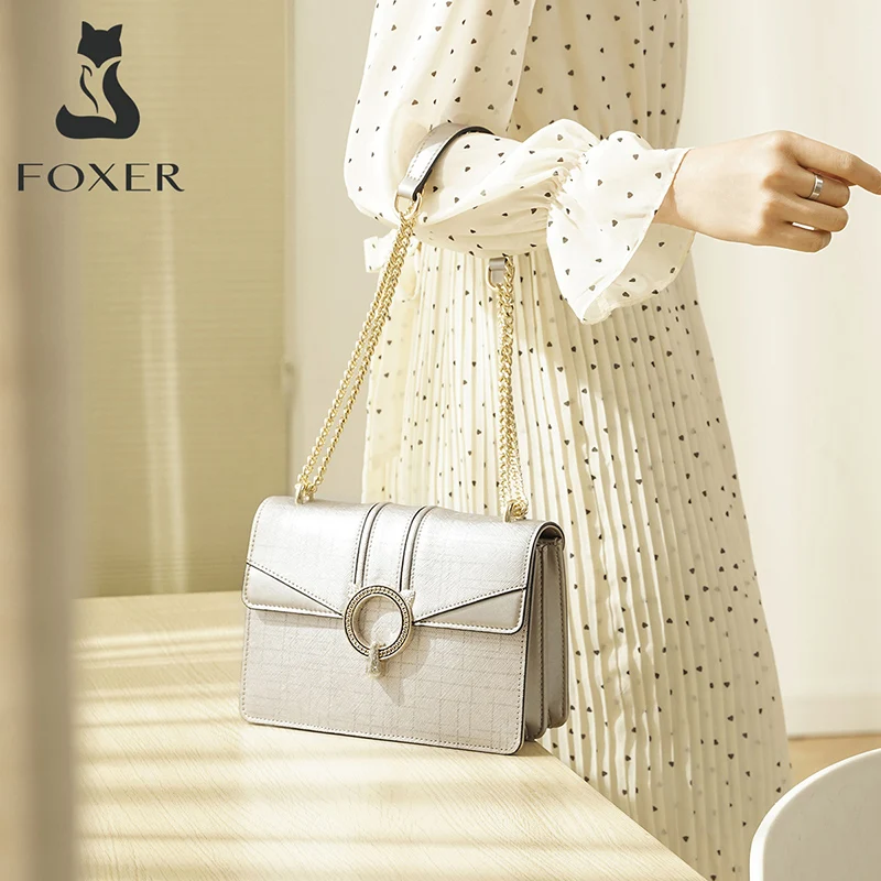 

FOXER Genuine Leather Classic Gold Shoulder Bag for Women Fashion Elegant Ladies Crossbody Chain Bag Luxury Crossbody Purse