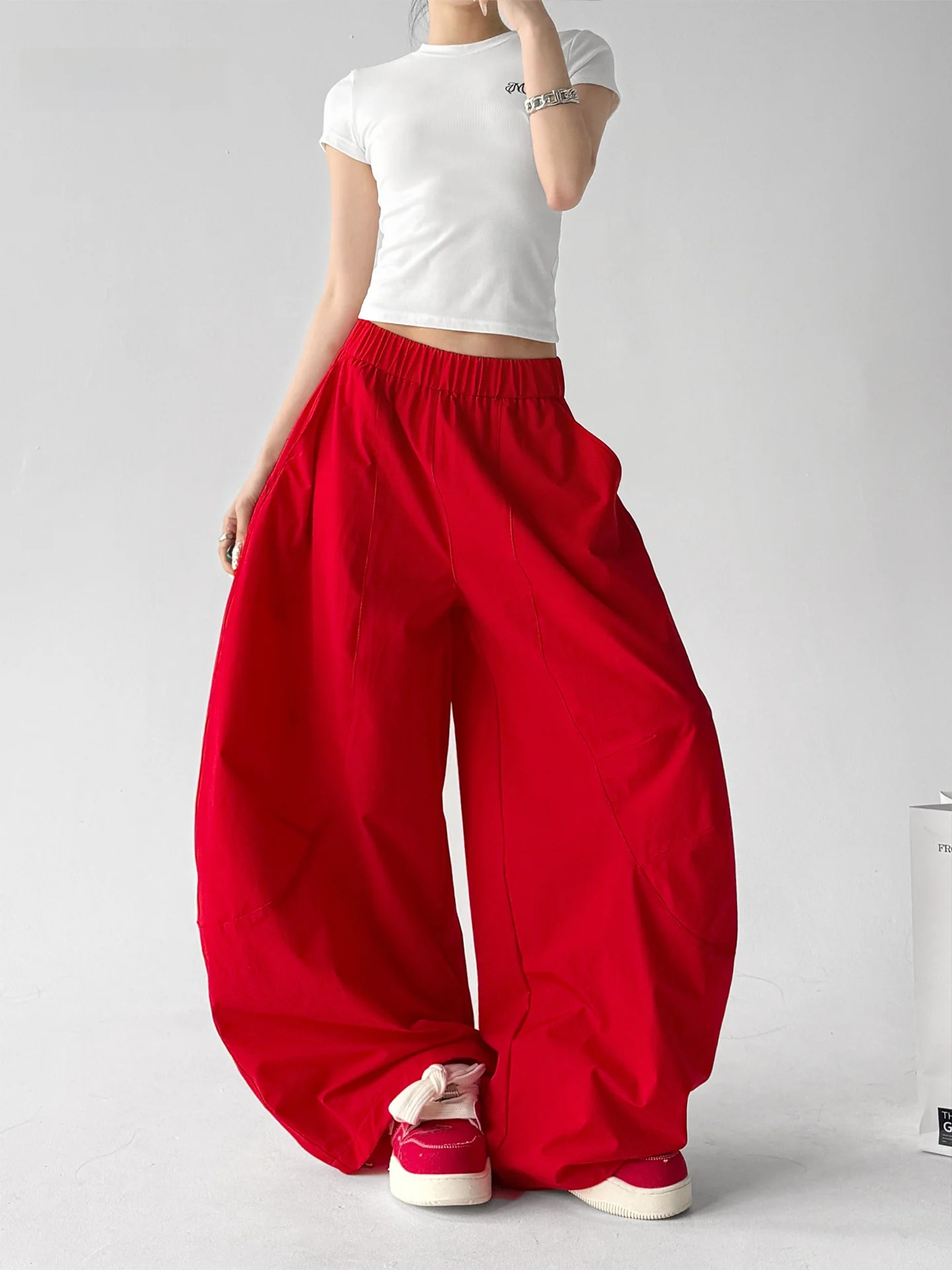 

Red High Waist Wide Leg Sports Pants Women's Loose Casual Trousers Long Height Knife Pants Summer New Arrival