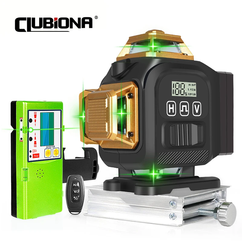 Clubiona 4D 16 lines 360 Self-Leveling Green Laser Levels With 4000mAh Li-ion Battery Remote Control pulse mode Tripod support