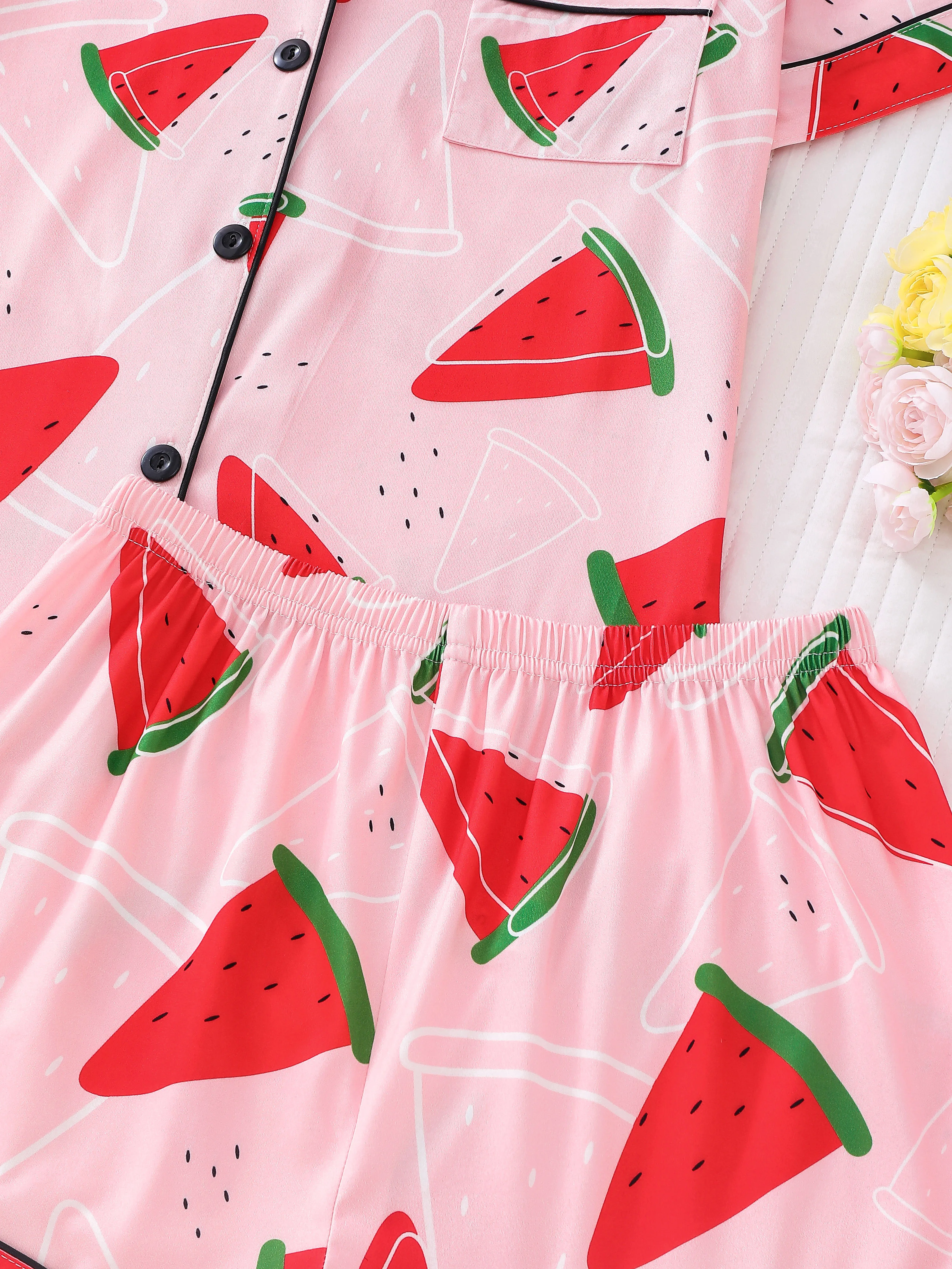 Cute fruit watermelon print pajama set for women lapel short-sleeved top and loose shorts casual pajamas for women