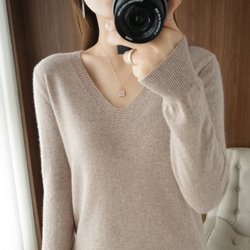 New Cashmere Women's V-neck Pullover Lace Neck Hollow Out Design Casual Knitted Long Sleeve Women's Sweater Autumn And Winter