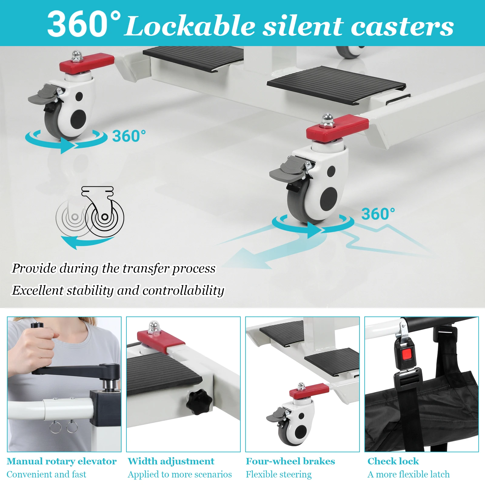 

Patient Transfer Lift Wheelchair with Adjustable Height & Width Bedside Commode Transport Chair with Wheels for Elderly/Disabled