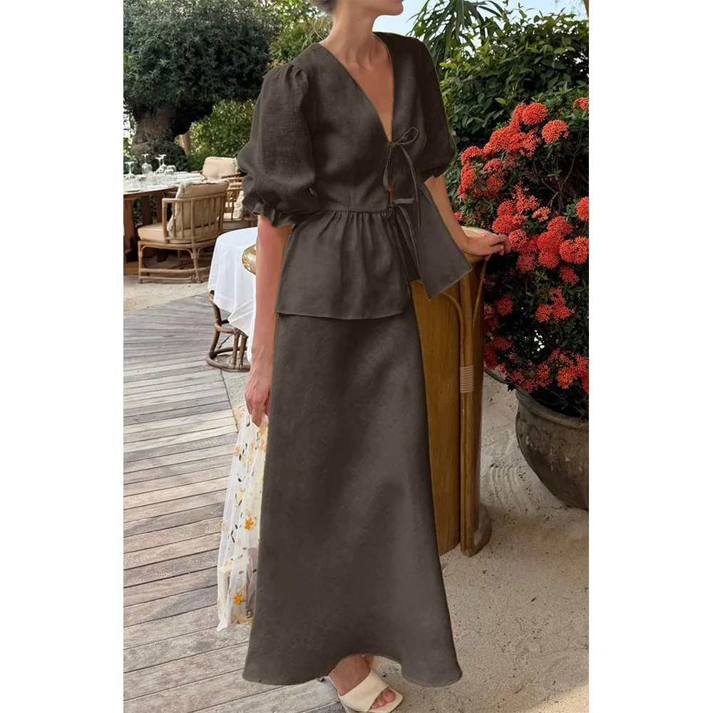 

New V-Neck Women's Cotton Dresses Bubble Sleeve Shirt Loose Two-Piece Dress Suit Lace-Up Casual Women Dress Women
