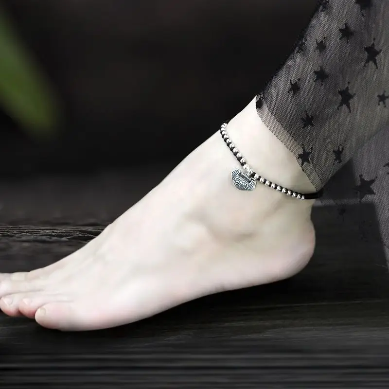 

‌ S925 Стерлингового Серебра Пион Цветок Ножной Браслет Женский Винтаж Регулируемый Плетеный Восковой Веревка Lucky Ruyi Lock Ювелирные Изделия Благоприятный Шарм ‌