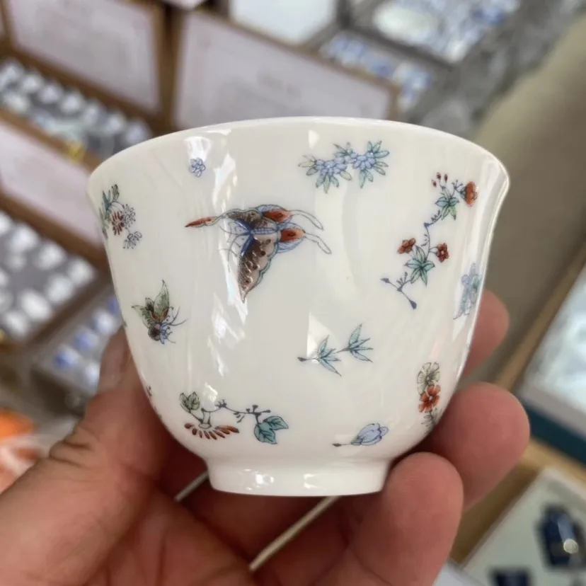 Chinese Jingdezhen Famille Rose Porcelain Butterfly Pattern Teacup Cup 3.0 inch