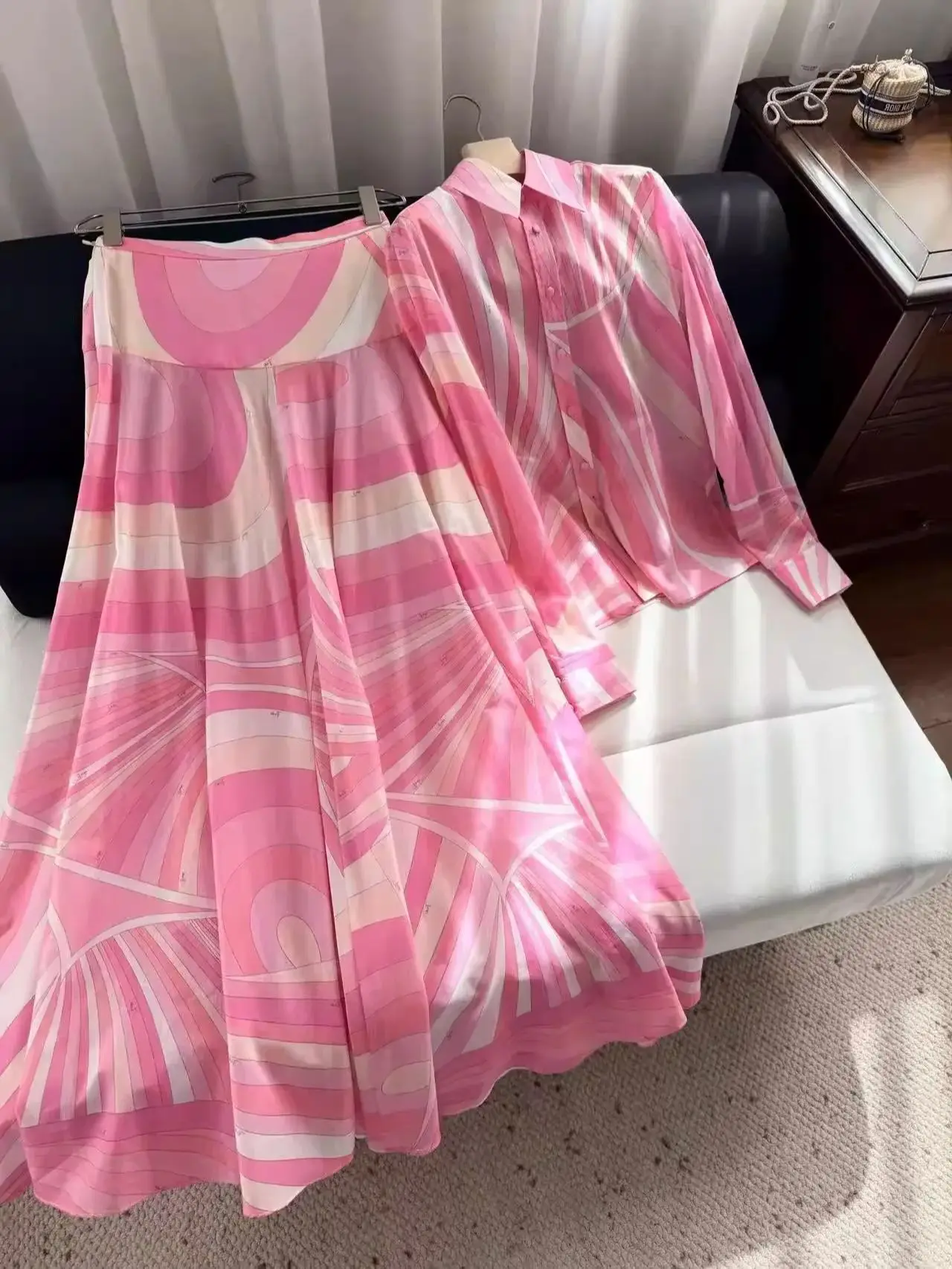 

Pink Swirling Print Women's Cotton Set High Waist A-Line Long Skirt + Turn-down Collar Long Sleeve Single Breasted Loose Shirt