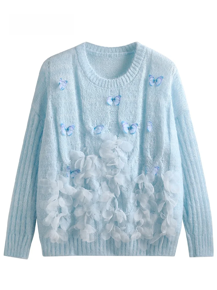 

JZZDEMM 3D Decoration Flower Design Loose Women's Sweater Overhead Sle Faionable Commute Vintage Knitted Top