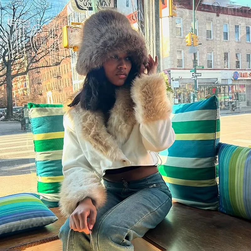 Women Big Fur Collar Hooded Cropped Jackets Fluffy Cover Up Sleeve Button Lace-up Jackets Femme Outerwear Plush Coats & Jackets