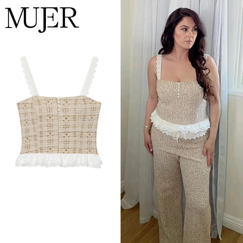 MUJER Ruffle Crop Top Women Summer Slip Backless Tops for Women Textured Camisole Tube Women's Tops Straps Beach Tank Top Woman