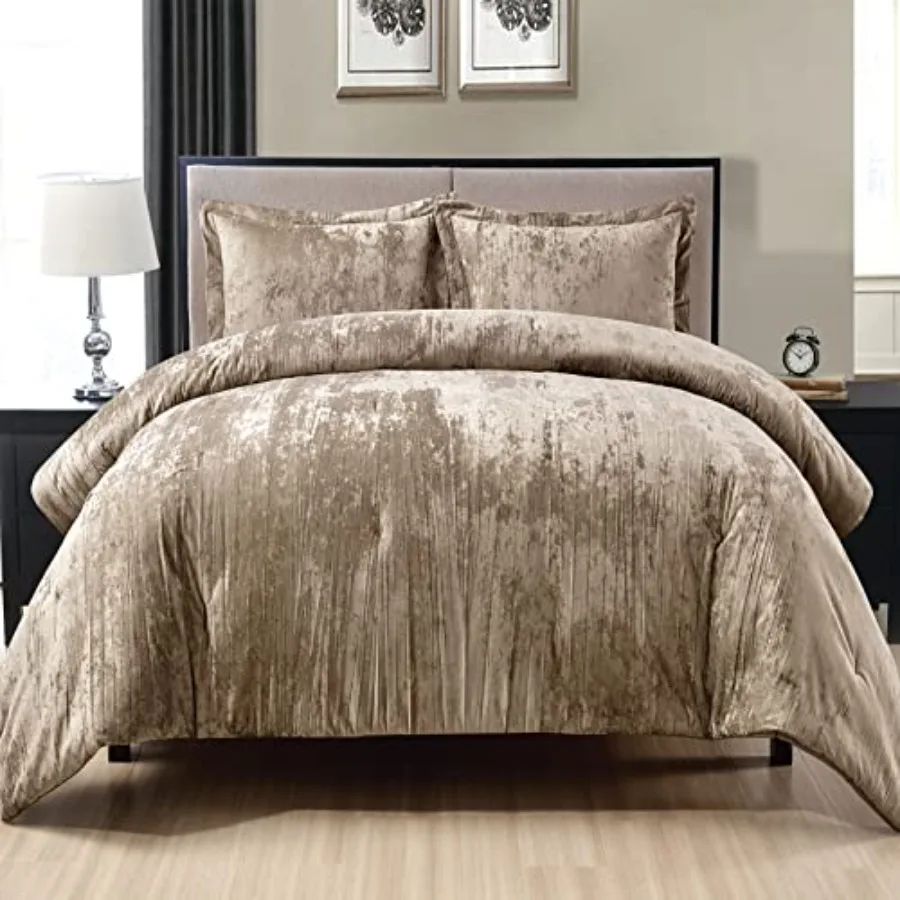 

Crinkle Velvet Comforter Set 3 Pieces Khaki Queen Crinkle Velvet Face and Brushed Microfiber Reverse with Light Poly Fill