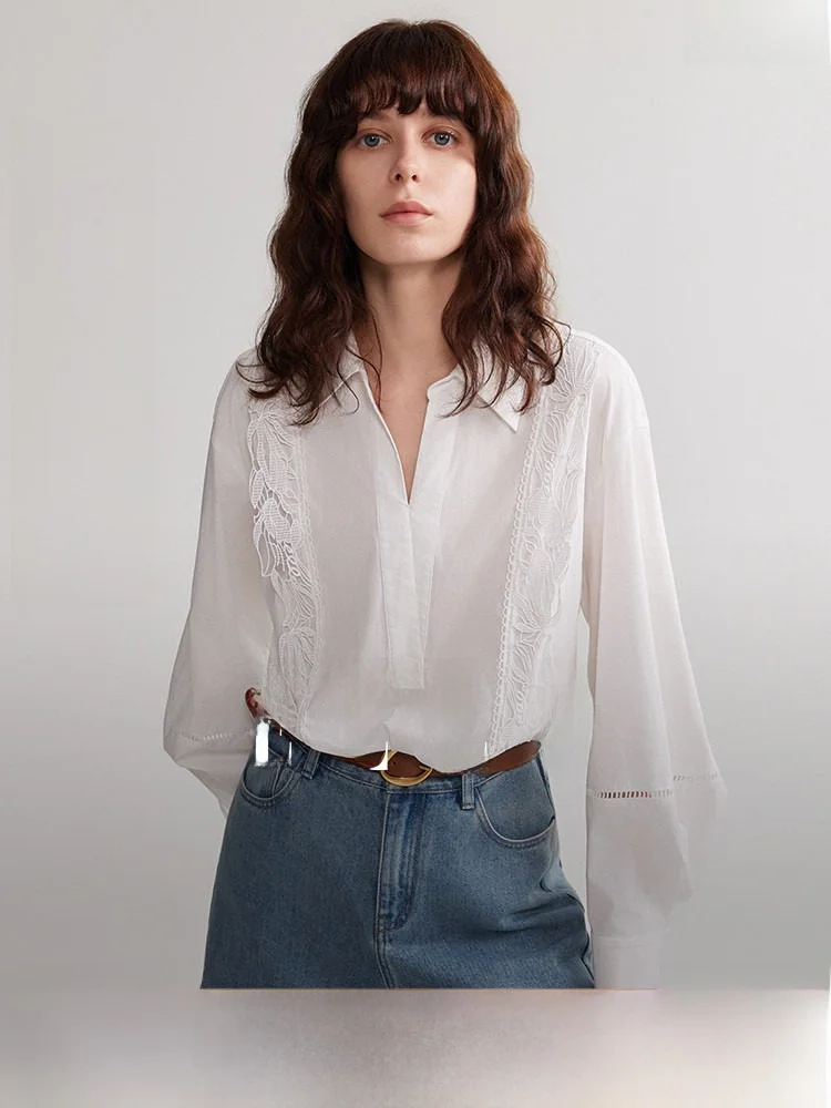 

Elle Simple Embroidered Hollow out White Shirt Women's Loose Fashionable Spring New Style Button up Cotton Blend Long Sleeve
