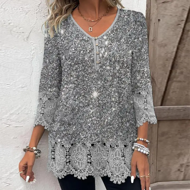 

Plus Size Women 3/4 Sleeve V-neck Printed Graphic Lace Button Tops