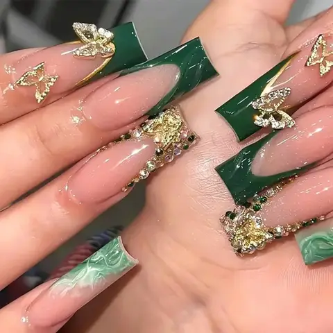 24Pcs Green French Golden Butterfly Square Press On Nails,Reusable Removable,For Daily Wear,High Quality Nail Art, Free Shipping