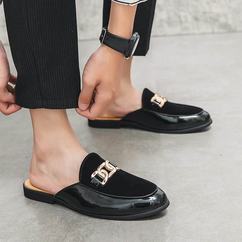 Mens Designer Brand Italian Casual Chain Loafers Leather Luxury Business Men Half Shoes Drop Ship Mules Black Slides Slippers